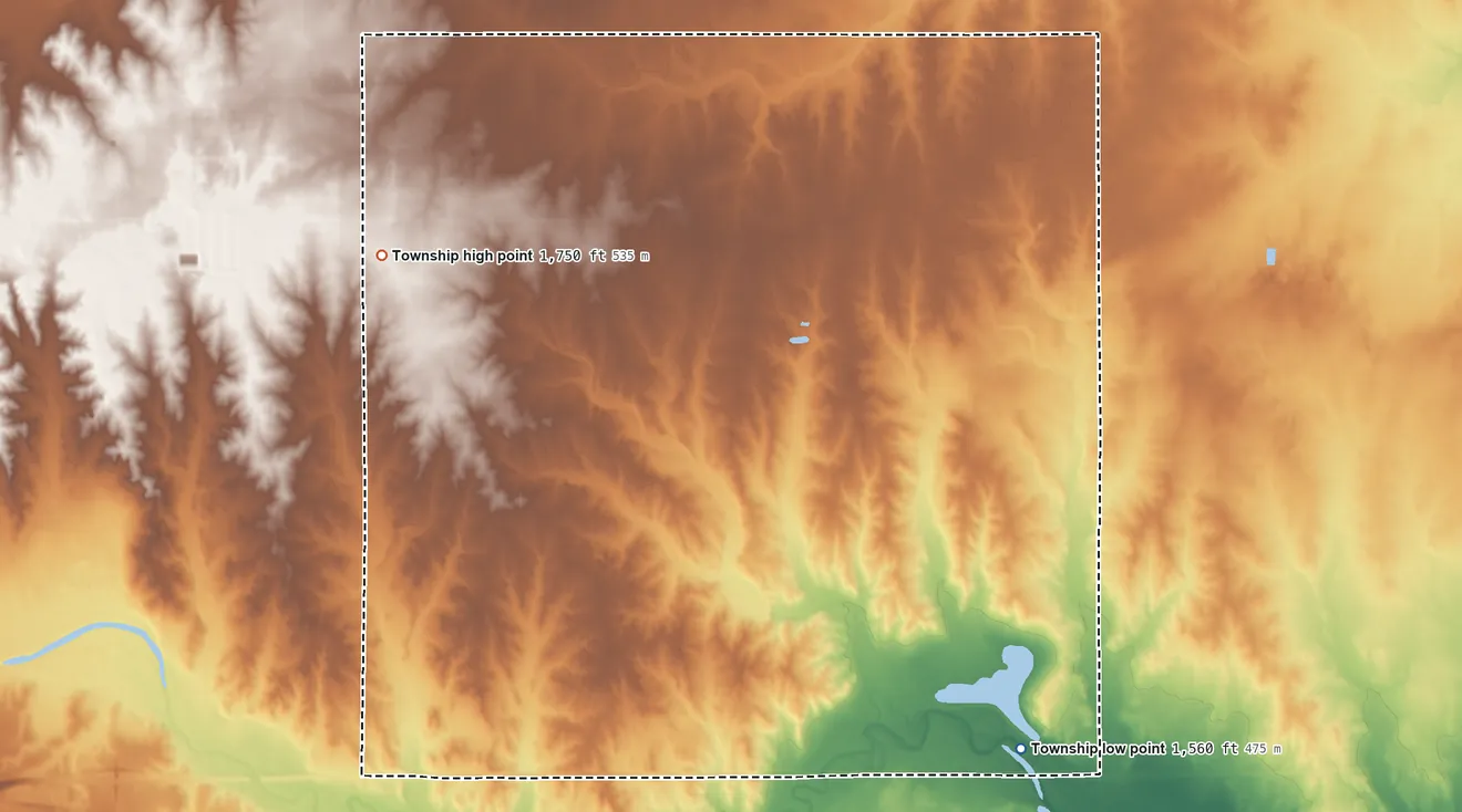 Topographic elevation map of Eureka Township, Kingman County, Kansas, shaded from 1,560 ft on the southeast side to 1,750 ft on the west side