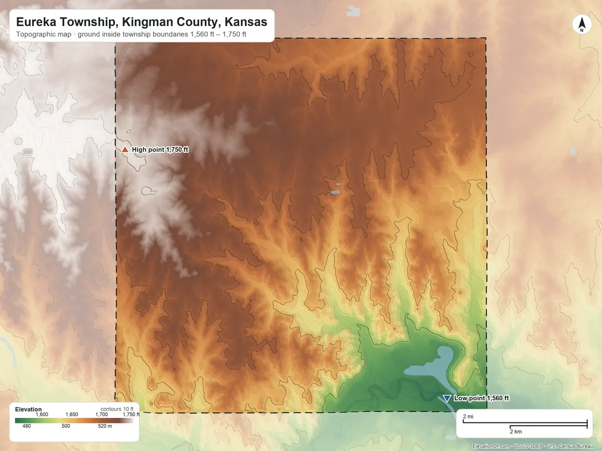 Topographic elevation map of Eureka Township, Kingman County, Kansas, shaded from 1,560 ft on the southeast side to 1,750 ft on the west side