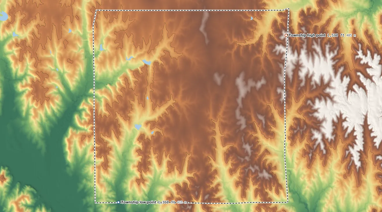 Topographic elevation map of Eureka Township, Mitchell County, Kansas, shaded from 1,360 ft on the southwest side to 1,590 ft on the northeast side