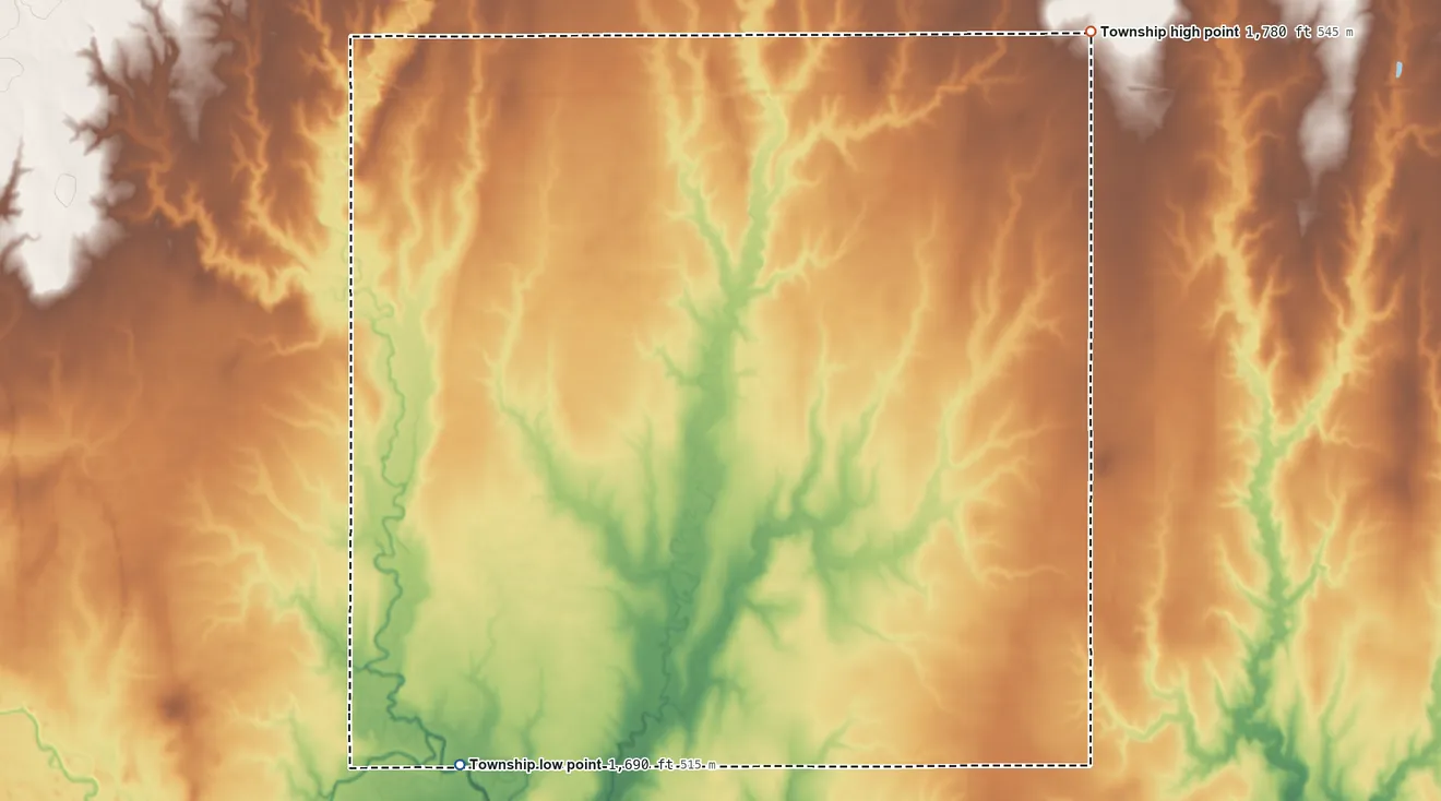 Topographic elevation map of Eureka Township, Rice County, Kansas, shaded from 1,690 ft on the south side to 1,780 ft on the northeast side