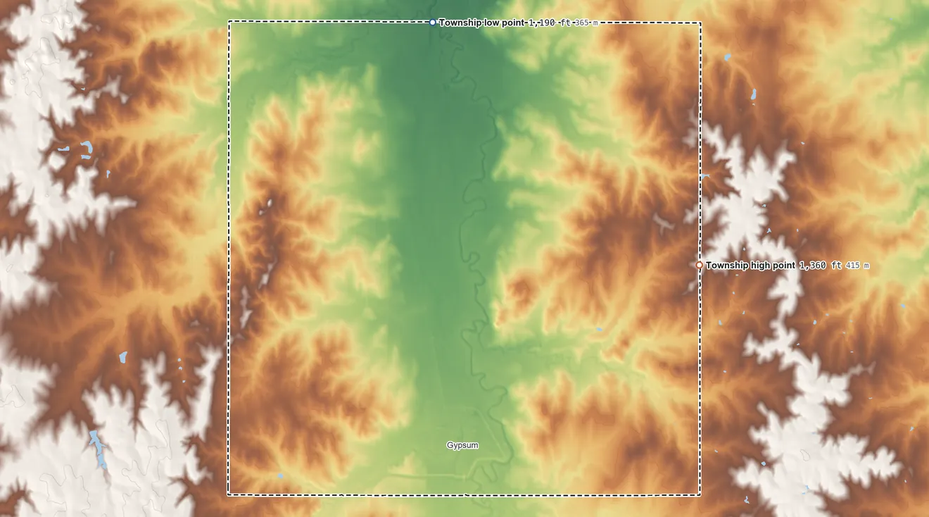 Topographic elevation map of Eureka Township, Kansas, shaded from 1,190 ft on the north side to 1,360 ft on the east side