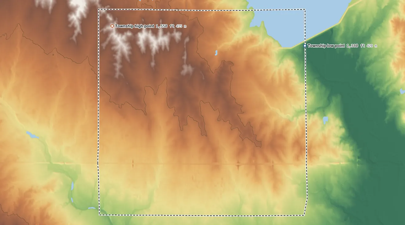 Topographic elevation map of Evan Township, Kansas, shaded from 1,380 ft on the northeast side to 1,550 ft on the northwest side
