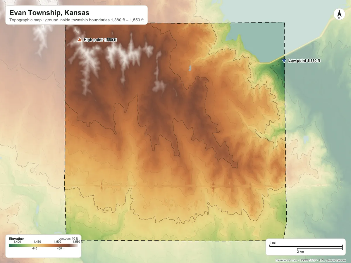 Topographic elevation map of Evan Township, Kansas, shaded from 1,380 ft on the northeast side to 1,550 ft on the northwest side
