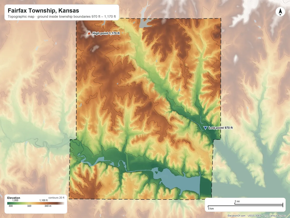Topographic elevation map of Fairfax Township, Kansas, shaded from 970 ft on the east side to 1,170 ft on the northwest side