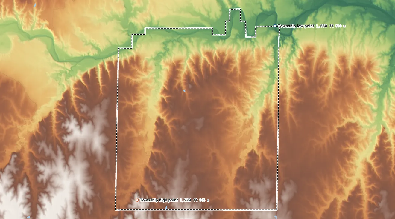 Topographic elevation map of Fairfield Township, Kansas, shaded from 1,650 ft on the northeast side to 1,920 ft on the south side