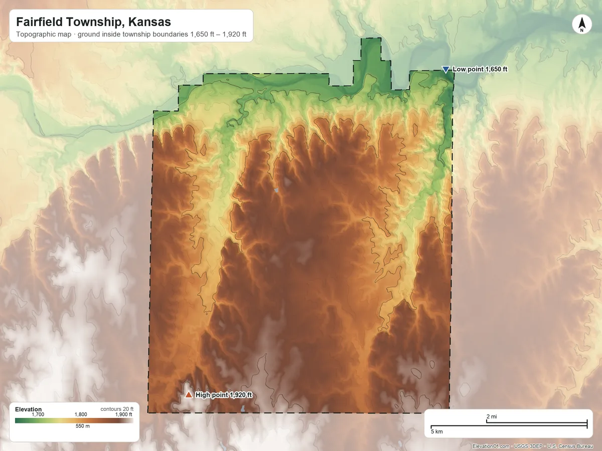 Topographic elevation map of Fairfield Township, Kansas, shaded from 1,650 ft on the northeast side to 1,920 ft on the south side