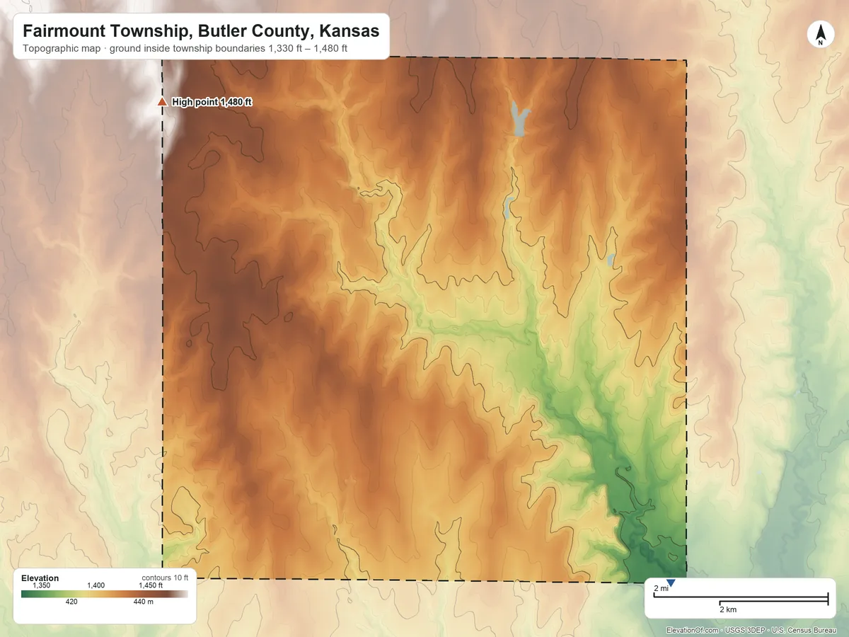 Topographic elevation map of Fairmount Township, Butler County, Kansas, shaded from 1,330 ft on the southeast side to 1,480 ft on the northwest side