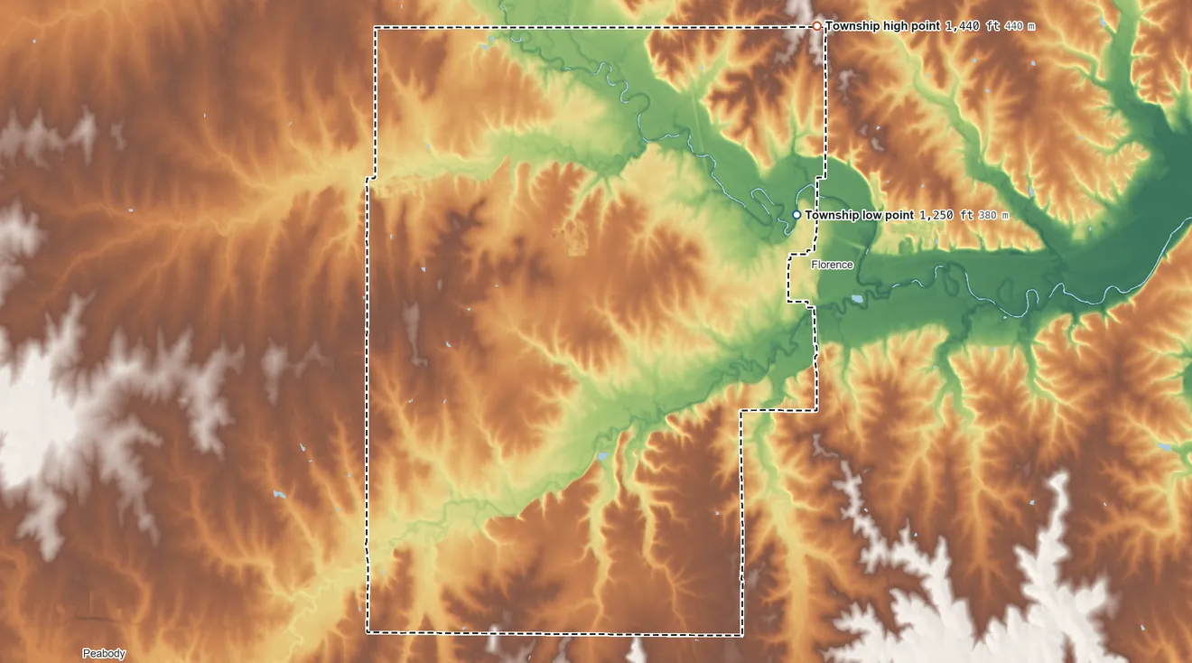 Topographic elevation map of Fairplay Township, Kansas, shaded from 1,250 ft on the east side to 1,440 ft on the northeast side