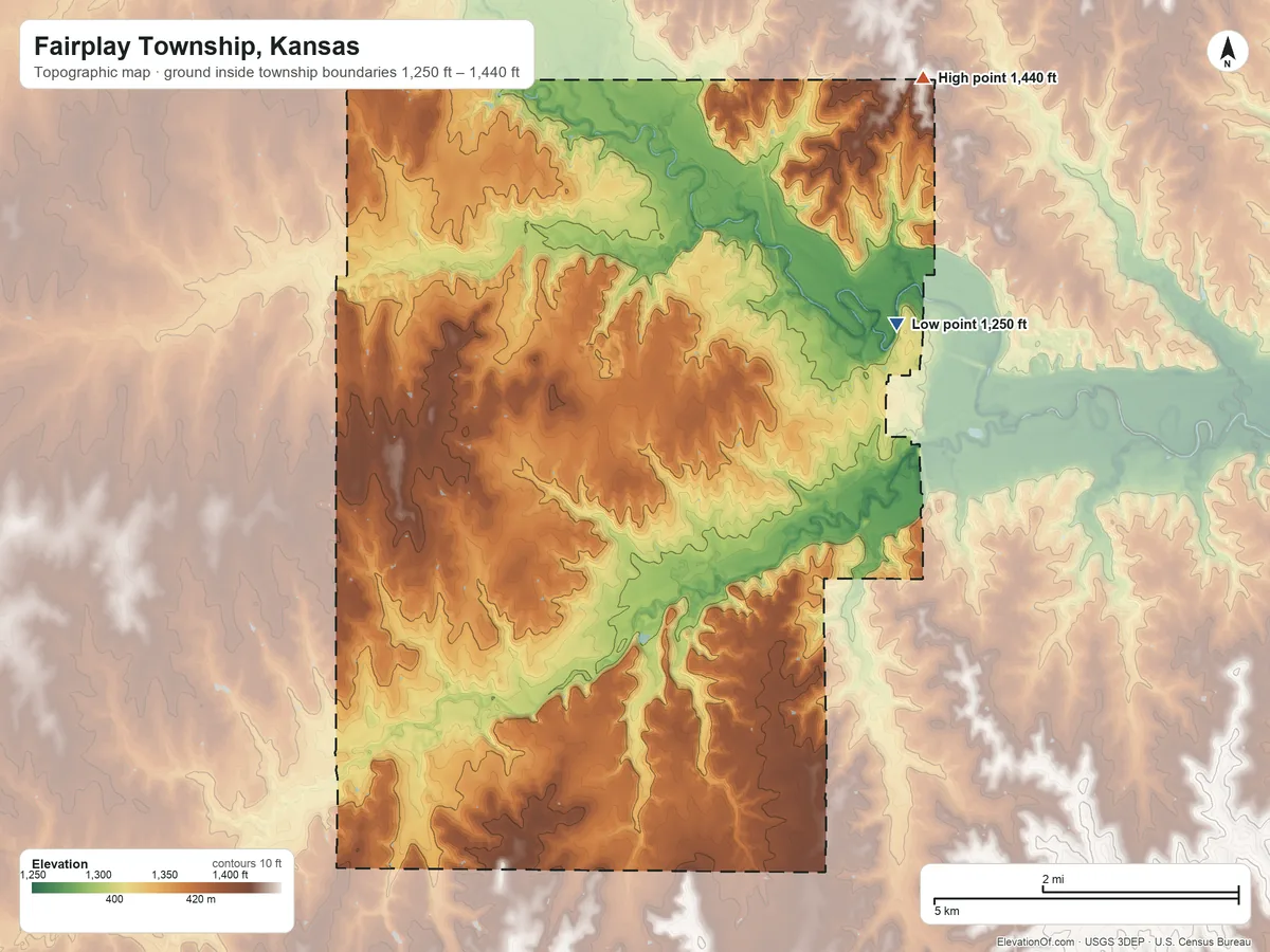 Topographic elevation map of Fairplay Township, Kansas, shaded from 1,250 ft on the east side to 1,440 ft on the northeast side