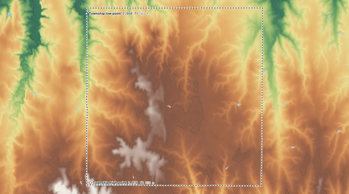 Topographic elevation map of Fairview Township, Barton County, Kansas, shaded from 1,860 ft on the northwest side to 2,030 ft on the southwest side