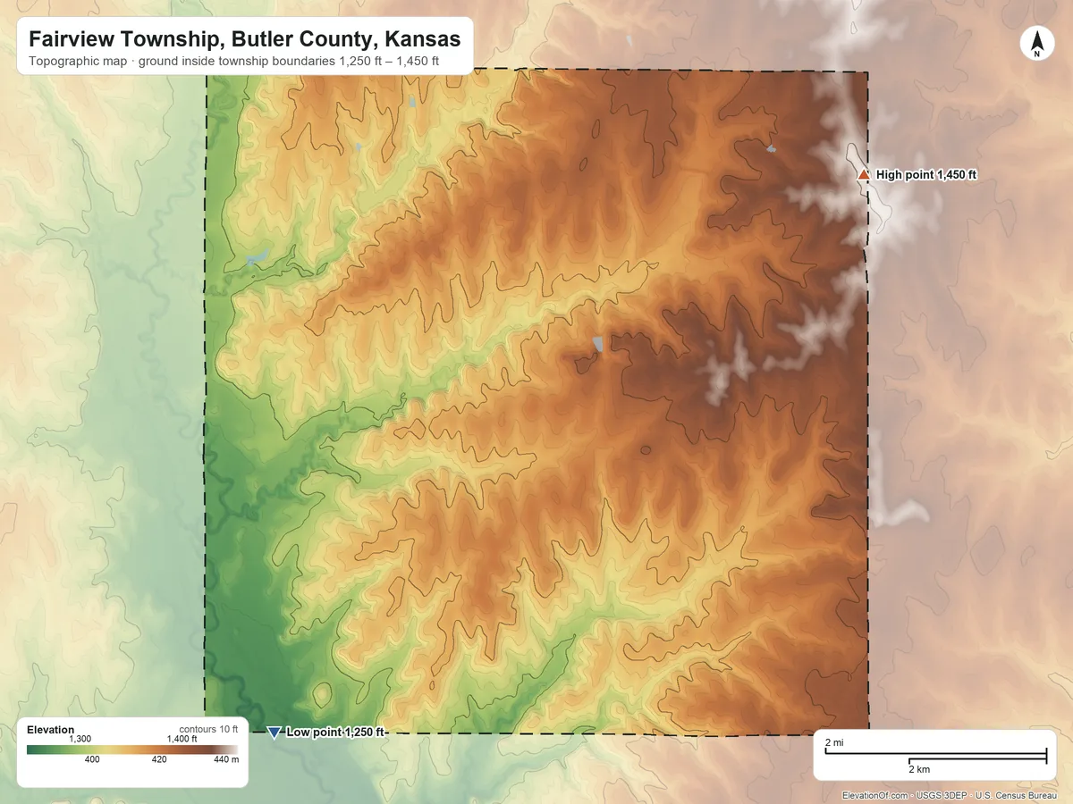 Topographic elevation map of Fairview Township, Butler County, Kansas, shaded from 1,250 ft on the southwest side to 1,450 ft on the northeast side