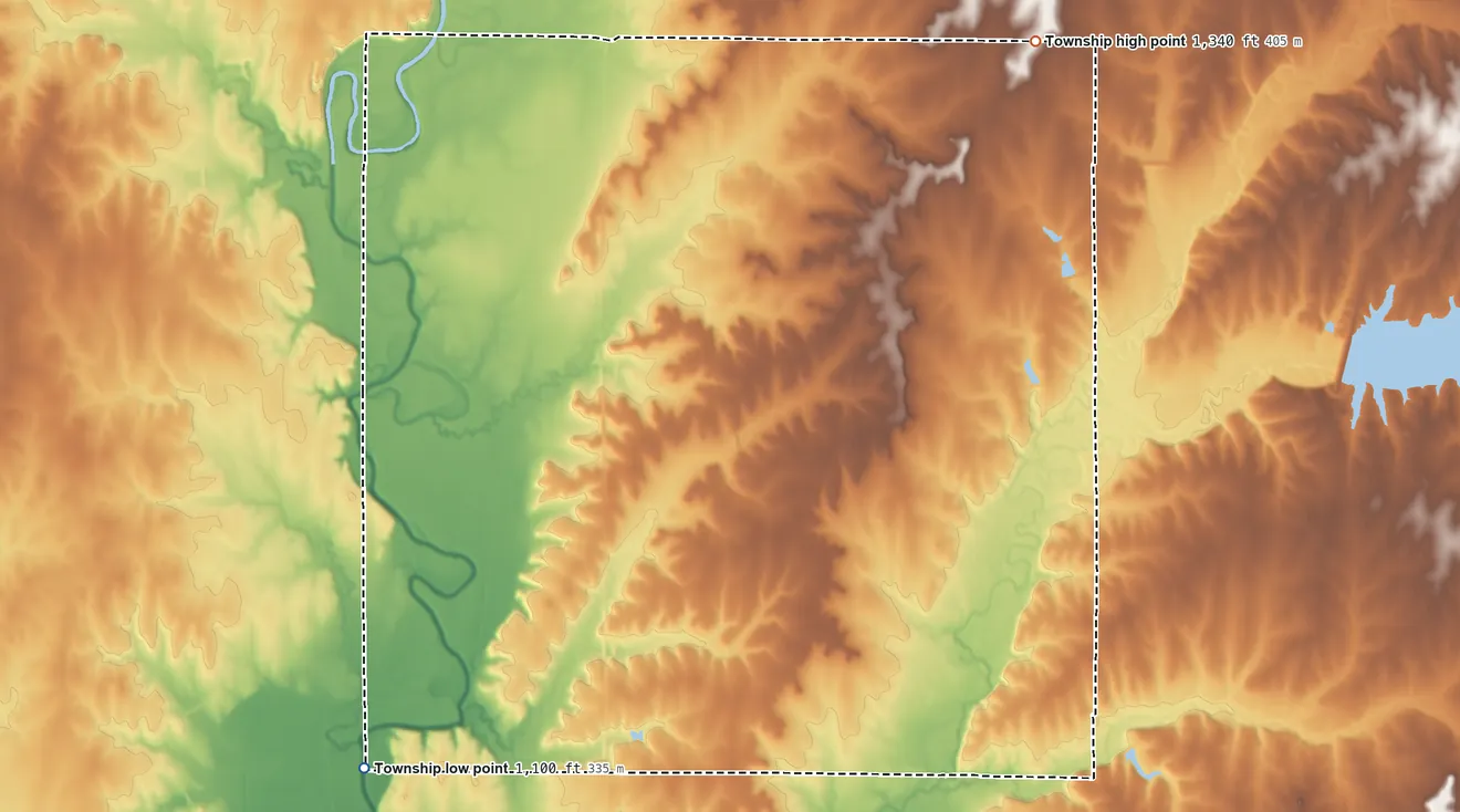 Topographic elevation map of Fairview Township, Cowley County, Kansas, shaded from 1,100 ft on the southwest side to 1,340 ft on the northeast side