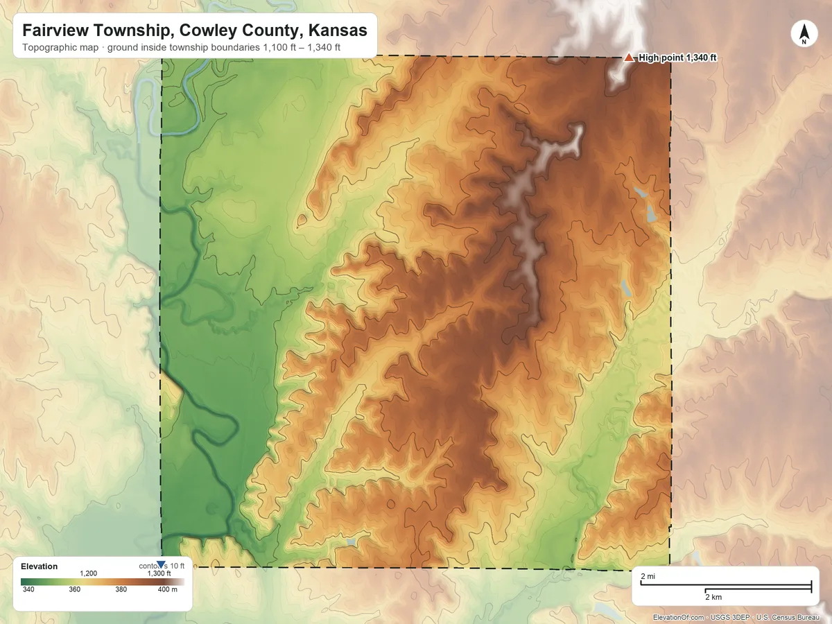 Topographic elevation map of Fairview Township, Cowley County, Kansas, shaded from 1,100 ft on the southwest side to 1,340 ft on the northeast side