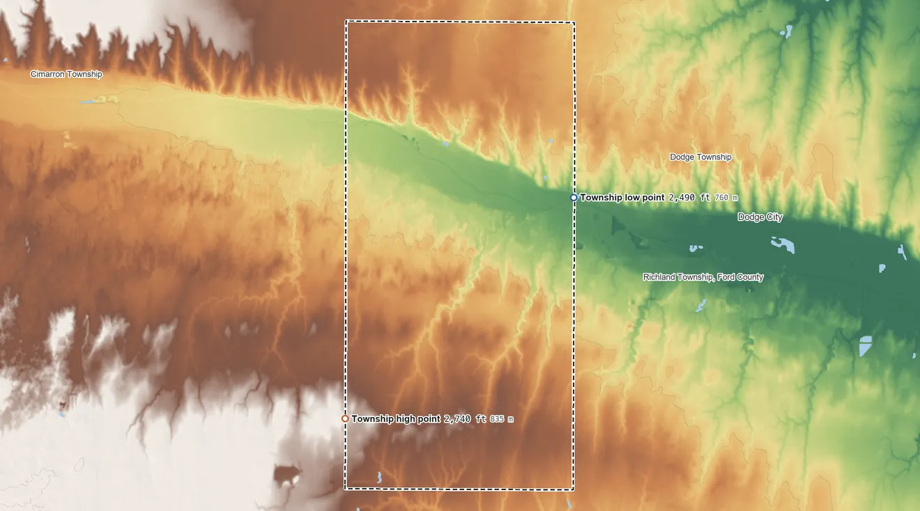 Topographic elevation map of Fairview Township, Ford County, Kansas, shaded from 2,490 ft on the east side to 2,740 ft on the southwest side