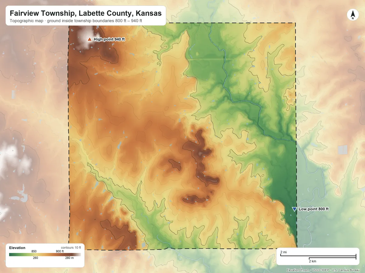 Topographic elevation map of Fairview Township, Labette County, Kansas, shaded from 800 ft on the southeast side to 940 ft on the northwest side