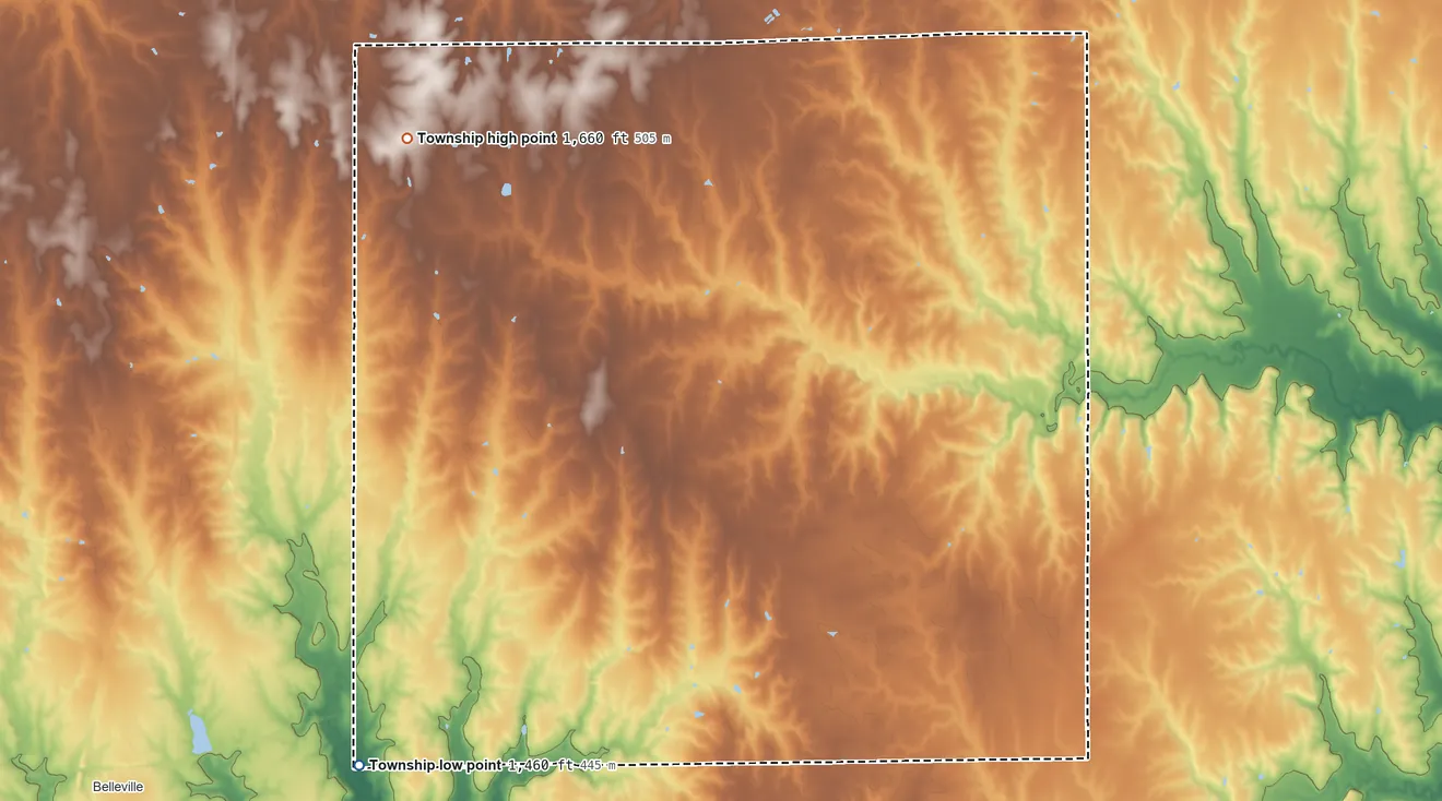 Topographic elevation map of Fairview Township, Republic County, Kansas, shaded from 1,460 ft on the southwest side to 1,660 ft on the northwest side
