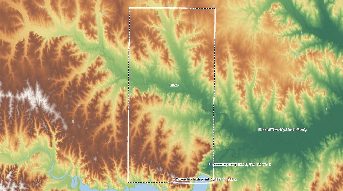 Topographic elevation map of Fairview Township, Russell County, Kansas, shaded from 1,440 ft on the southeast side to 1,790 ft on the south side