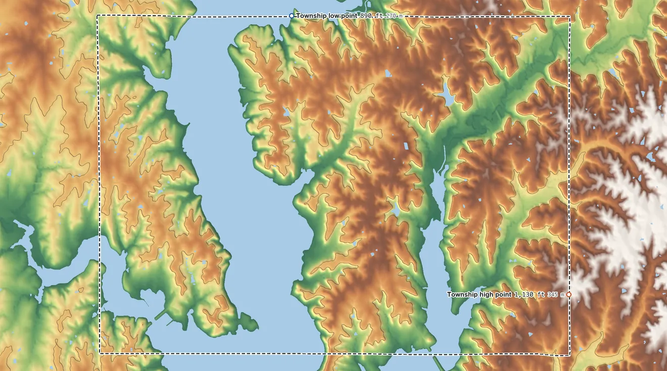 Topographic elevation map of Fairview Township, Kansas, shaded from 890 ft on the north side to 1,130 ft on the east side