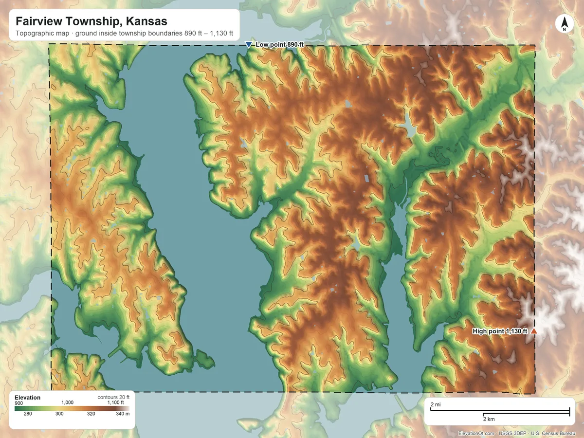 Topographic elevation map of Fairview Township, Kansas, shaded from 890 ft on the north side to 1,130 ft on the east side