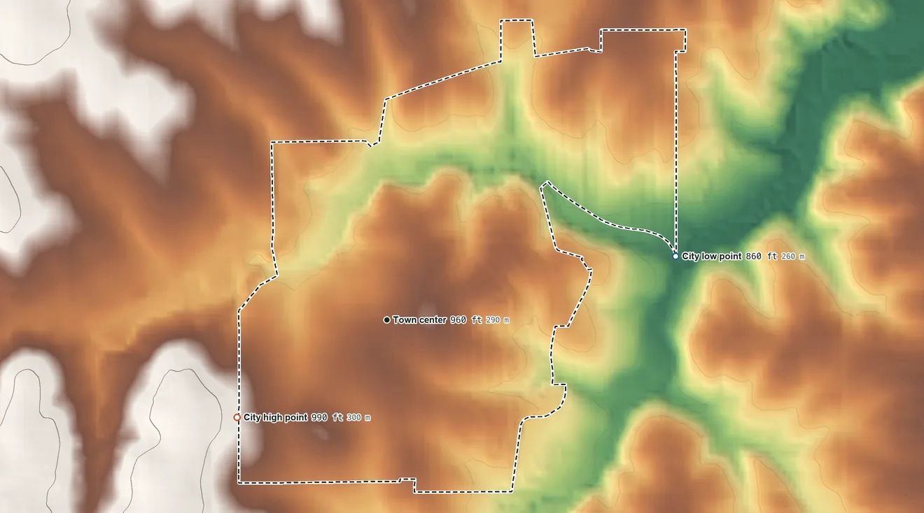 Topographic elevation map of Fairway, Kansas, shaded from 860 ft on the east side to 990 ft on the southwest side