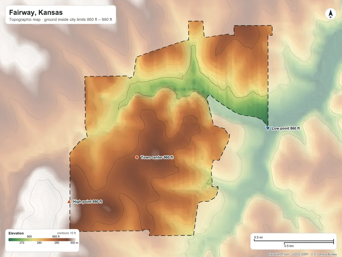 Topographic elevation map of Fairway, Kansas, shaded from 860 ft on the east side to 990 ft on the southwest side