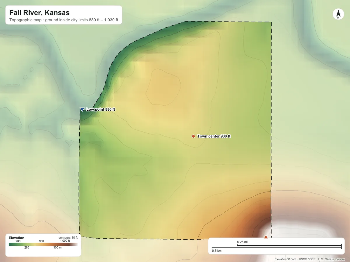Topographic elevation map of Fall River, Kansas, shaded from 880 ft on the west side to 1,030 ft on the southeast side