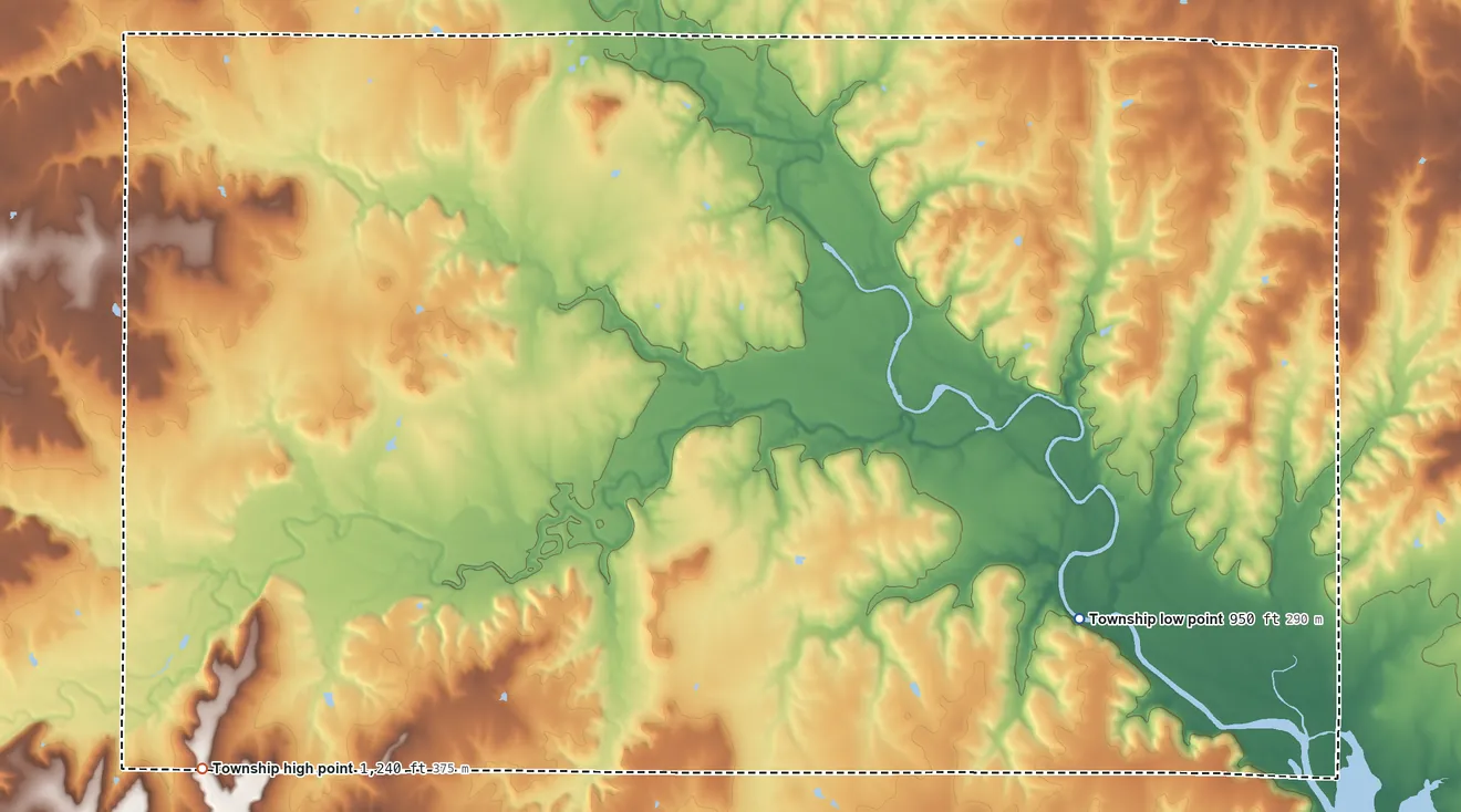 Topographic elevation map of Fall River Township, Greenwood County, Kansas, shaded from 950 ft on the east side to 1,240 ft on the southwest side