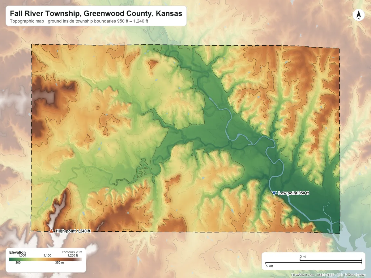 Topographic elevation map of Fall River Township, Greenwood County, Kansas, shaded from 950 ft on the east side to 1,240 ft on the southwest side
