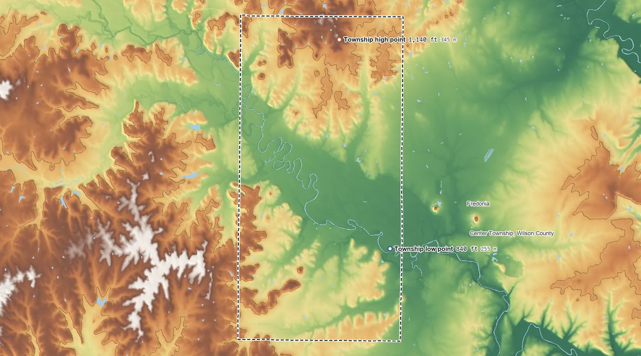 Topographic elevation map of Fall River Township, Kansas, shaded from 840 ft on the southeast side to 1,140 ft on the north side
