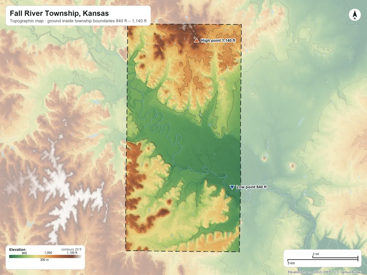 Topographic elevation map of Fall River Township, Kansas, shaded from 840 ft on the southeast side to 1,140 ft on the north side