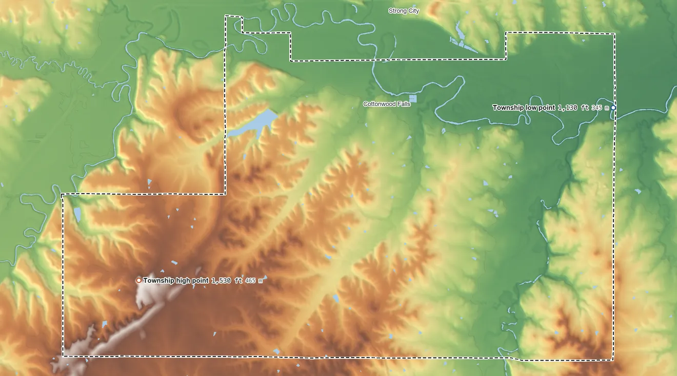 Topographic elevation map of Falls Township, Kansas, shaded from 1,130 ft on the east side to 1,530 ft on the southwest side