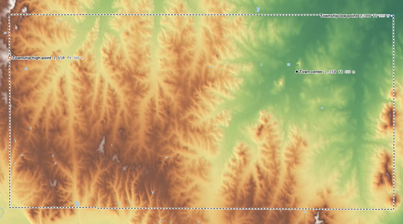 Topographic elevation map of Falun Township, Kansas, shaded from 1,300 ft on the northeast side to 1,650 ft on the west side