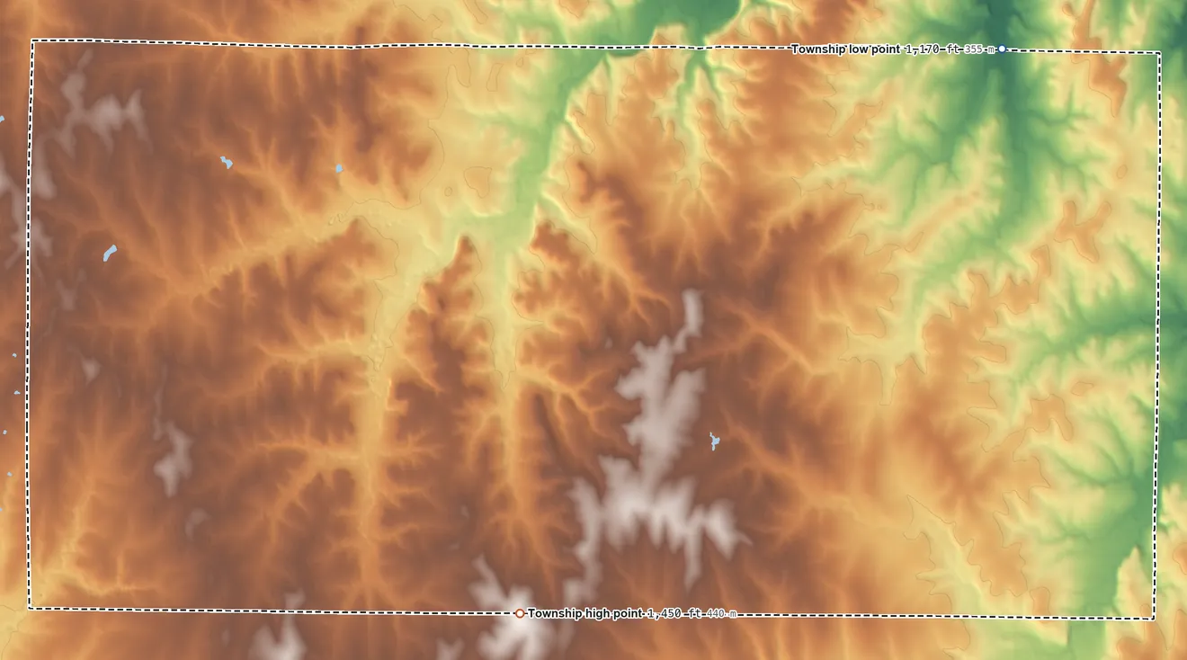 Topographic elevation map of Fancy Creek Township, Kansas, shaded from 1,170 ft on the northeast side to 1,450 ft on the south side