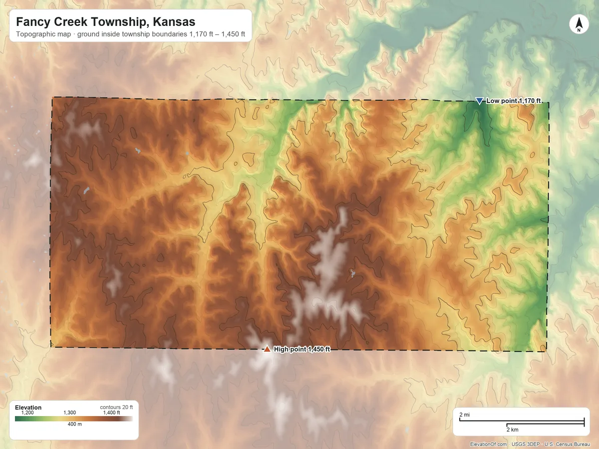 Topographic elevation map of Fancy Creek Township, Kansas, shaded from 1,170 ft on the northeast side to 1,450 ft on the south side