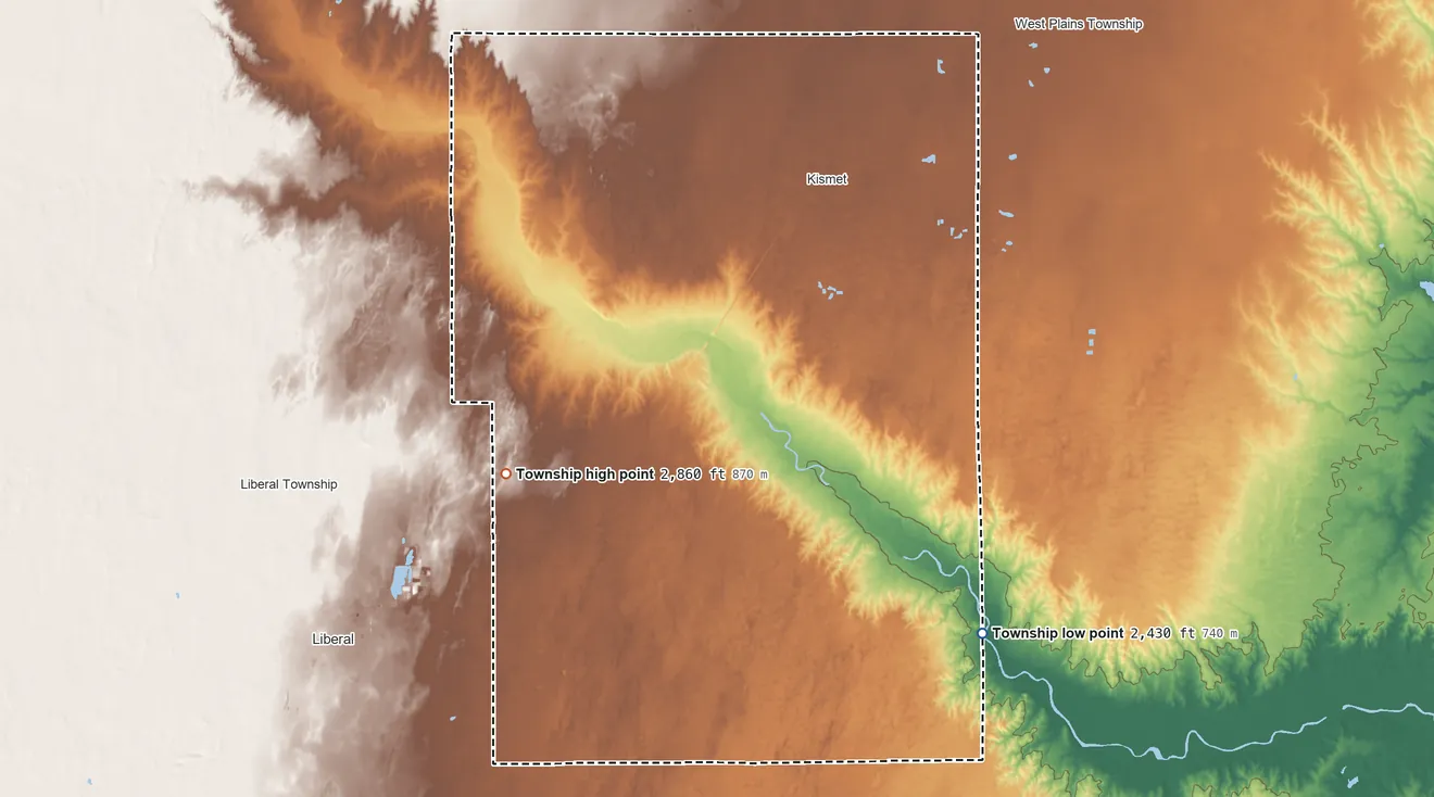 Topographic elevation map of Fargo Township, Kansas, shaded from 2,430 ft on the southeast side to 2,860 ft on the west side