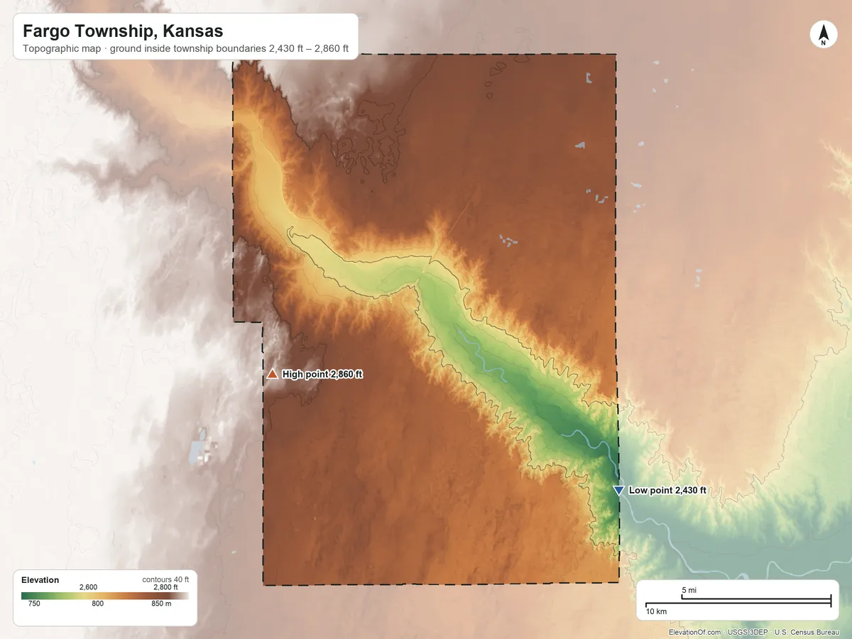 Topographic elevation map of Fargo Township, Kansas, shaded from 2,430 ft on the southeast side to 2,860 ft on the west side