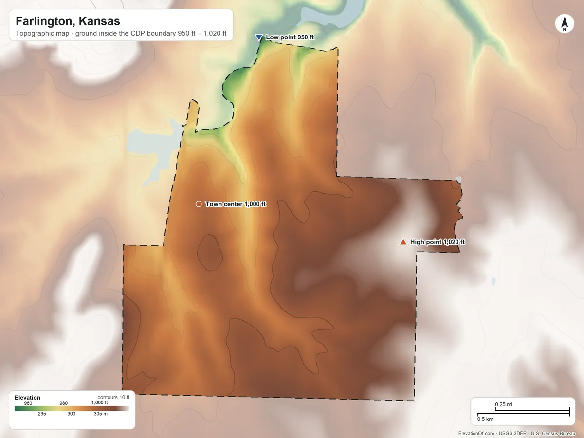 Topographic elevation map of Farlington, Kansas, shaded from 950 ft on the north side to 1,020 ft on the east side