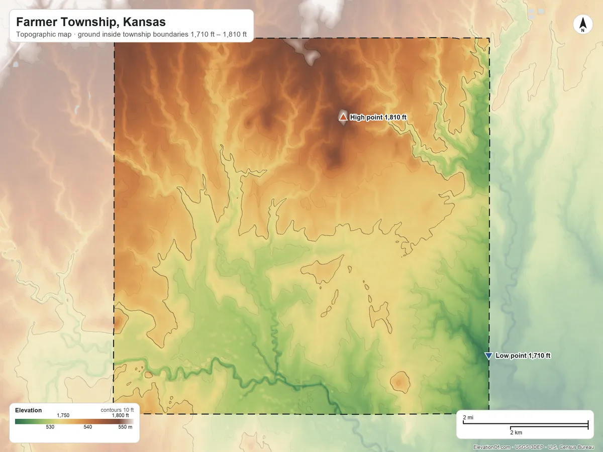 Topographic elevation map of Farmer Township, Kansas, shaded from 1,710 ft on the southeast side to 1,810 ft on the west side