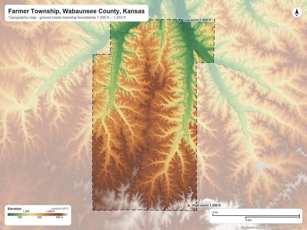 Topographic elevation map of Farmer Township, Wabaunsee County, Kansas, shaded from 1,050 ft on the northeast side to 1,550 ft on the south side