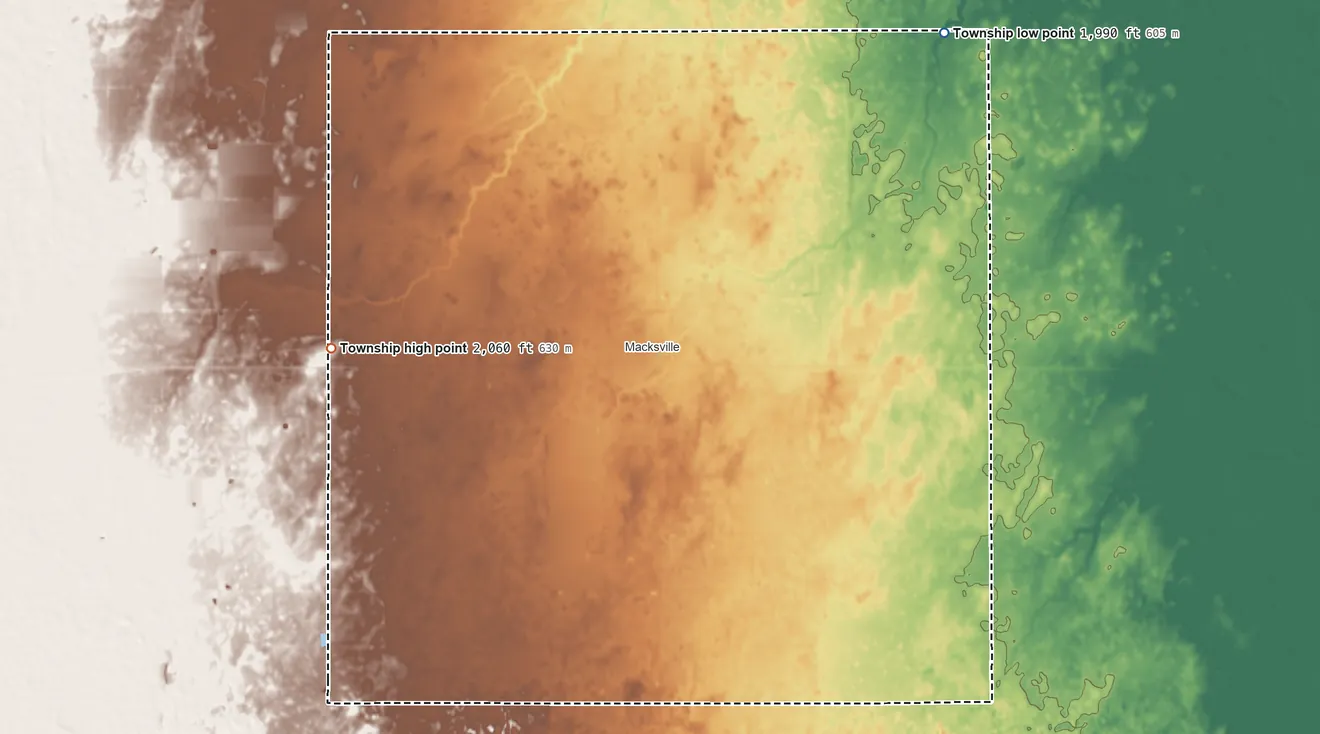 Topographic elevation map of Farmington Township, Kansas, shaded from 1,990 ft on the northeast side to 2,060 ft on the west side
