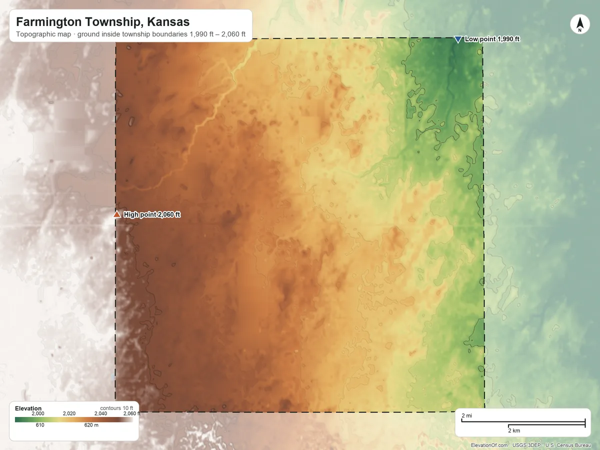 Topographic elevation map of Farmington Township, Kansas, shaded from 1,990 ft on the northeast side to 2,060 ft on the west side