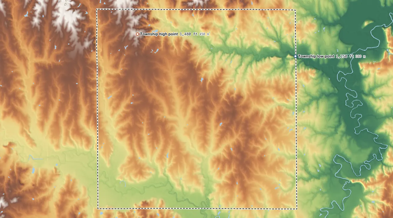 Topographic elevation map of Farmington Township, Washington County, Kansas, shaded from 1,250 ft on the northeast side to 1,480 ft on the northwest side