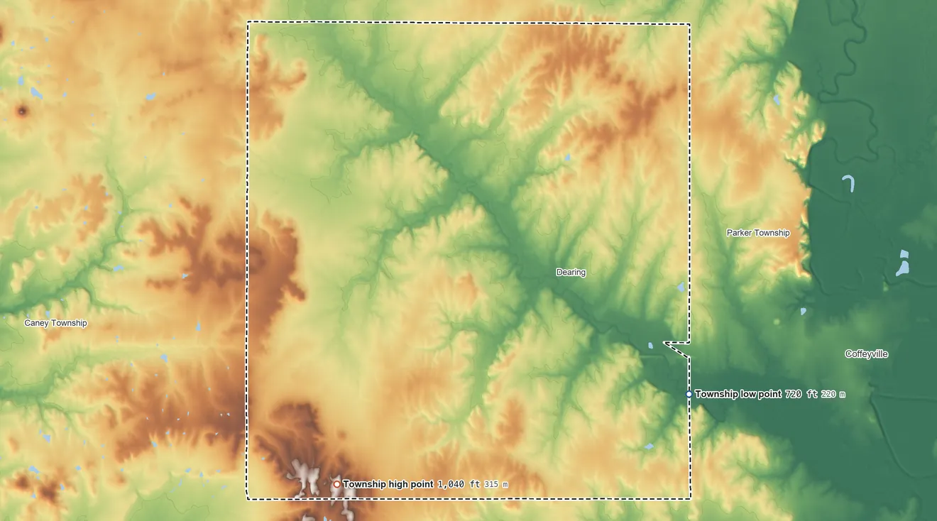 Topographic elevation map of Fawn Creek Township, Kansas, shaded from 720 ft on the southeast side to 1,040 ft on the southwest side