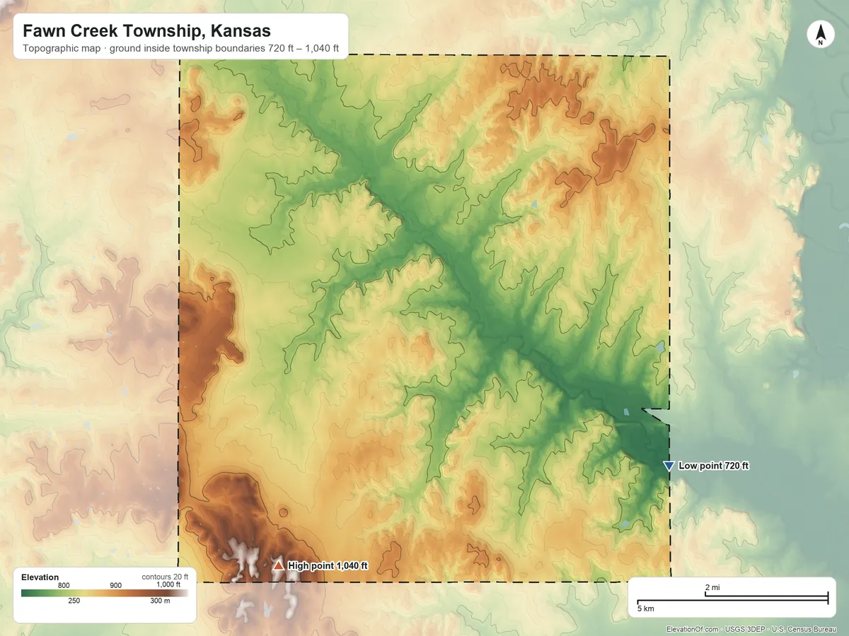 Topographic elevation map of Fawn Creek Township, Kansas, shaded from 720 ft on the southeast side to 1,040 ft on the southwest side