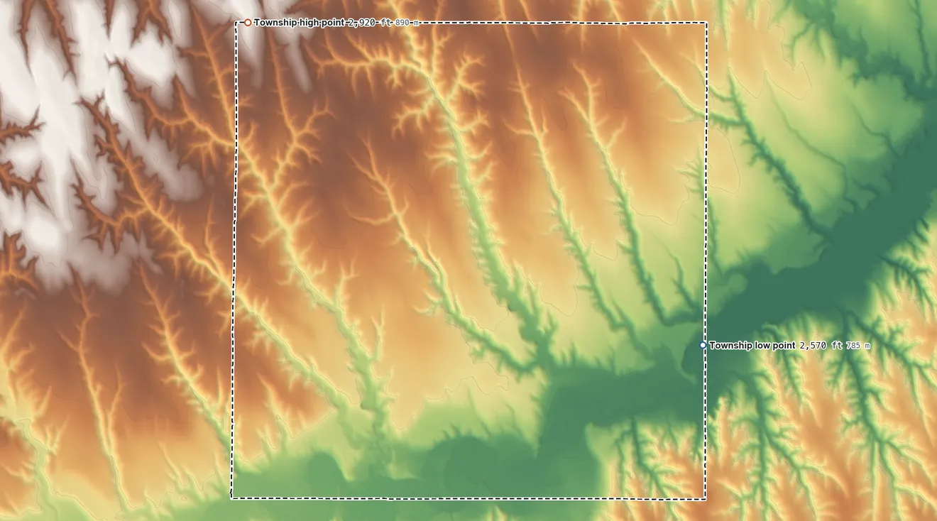 Topographic elevation map of Finley Township, Kansas, shaded from 2,570 ft on the northeast side to 2,920 ft on the northwest side