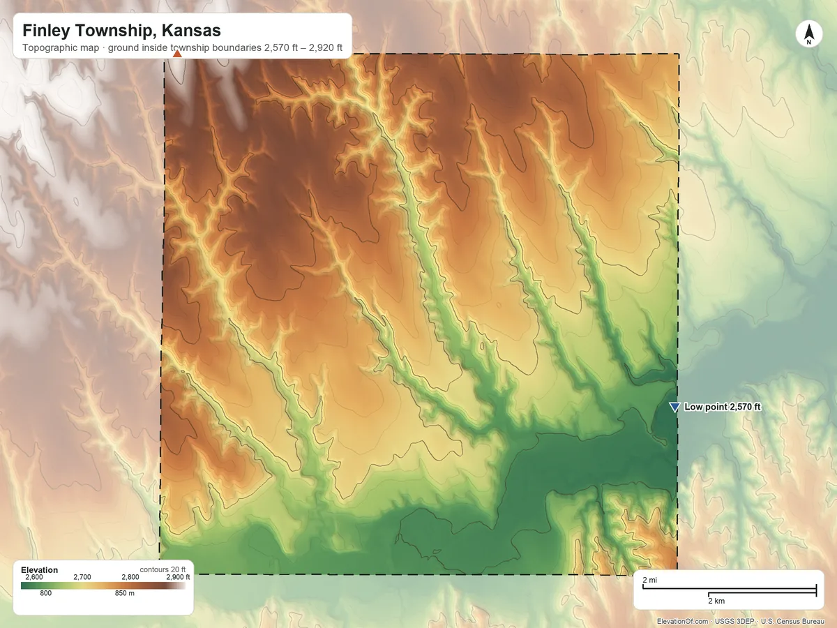 Topographic elevation map of Finley Township, Kansas, shaded from 2,570 ft on the northeast side to 2,920 ft on the northwest side