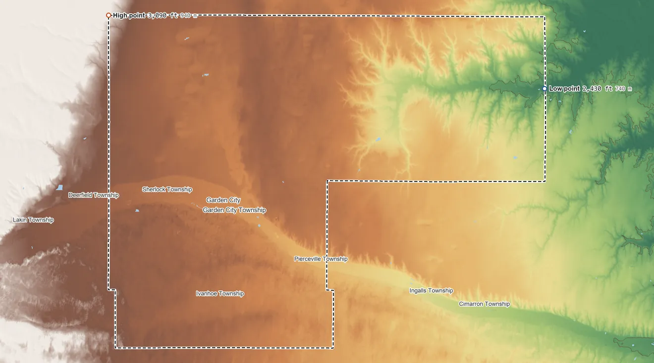 Topographic elevation map of Finney County, Kansas, shaded from 2,430 ft on the northeast side to 3,090 ft on the northwest side