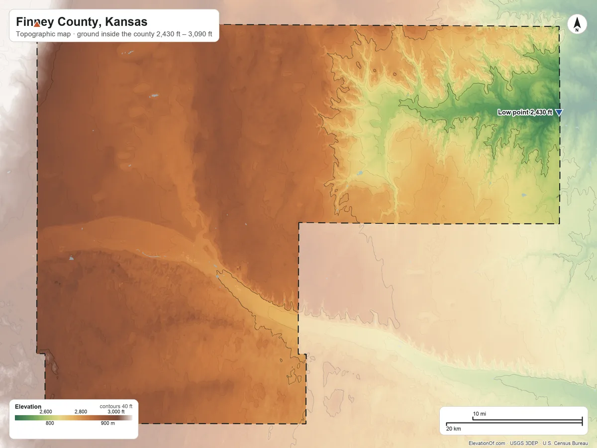 Topographic elevation map of Finney County, Kansas, shaded from 2,430 ft on the northeast side to 3,090 ft on the northwest side