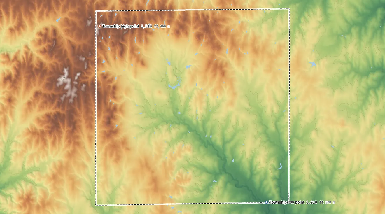 Topographic elevation map of Flora Township, Kansas, shaded from 1,210 ft on the southeast side to 1,510 ft on the northwest side