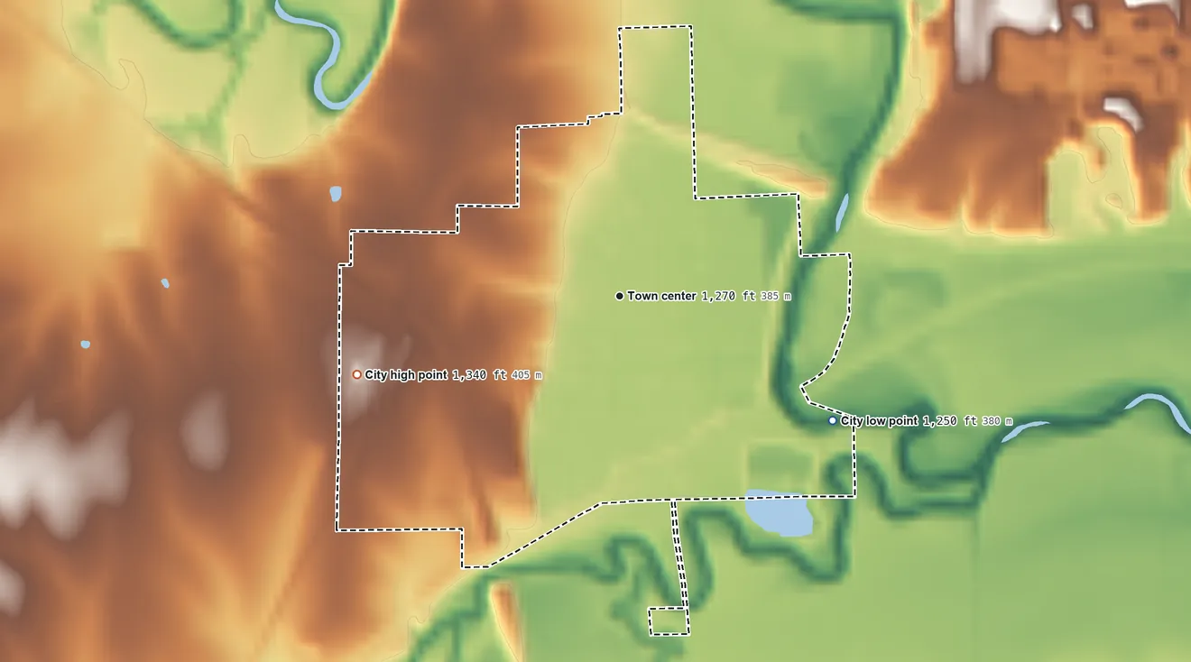 Topographic elevation map of Florence, Kansas, shaded from 1,250 ft on the southeast side to 1,340 ft on the west side